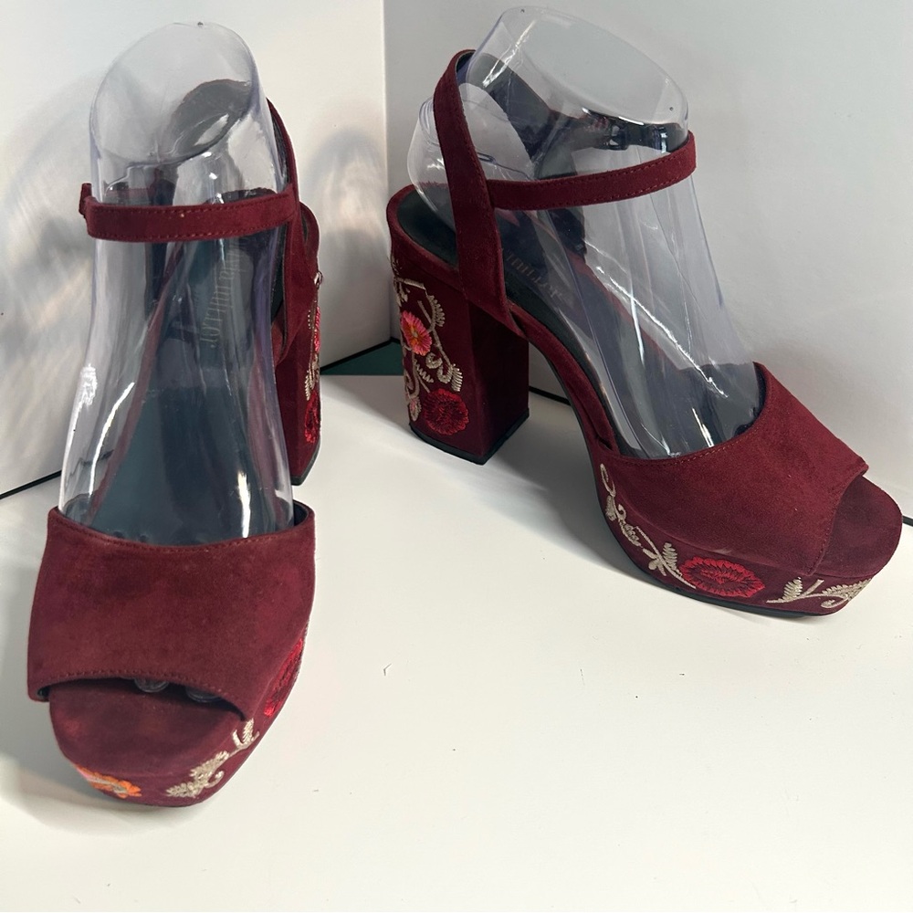 Olivia Miller Burgundy Heels with Floral Embroidery